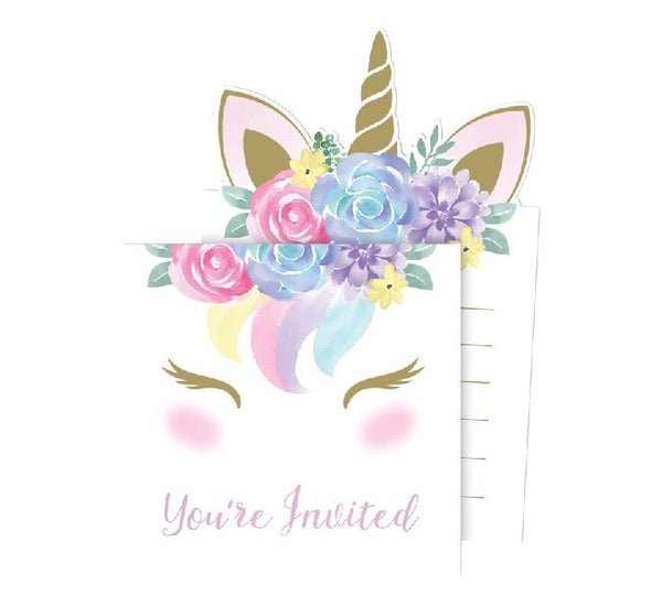 Unicorn Baby Party Invitations & Envelopes (Pack of 8)